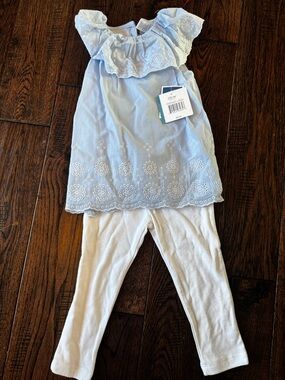Little Me Light Blue Eyelet Tunic and Cream Leggings Set